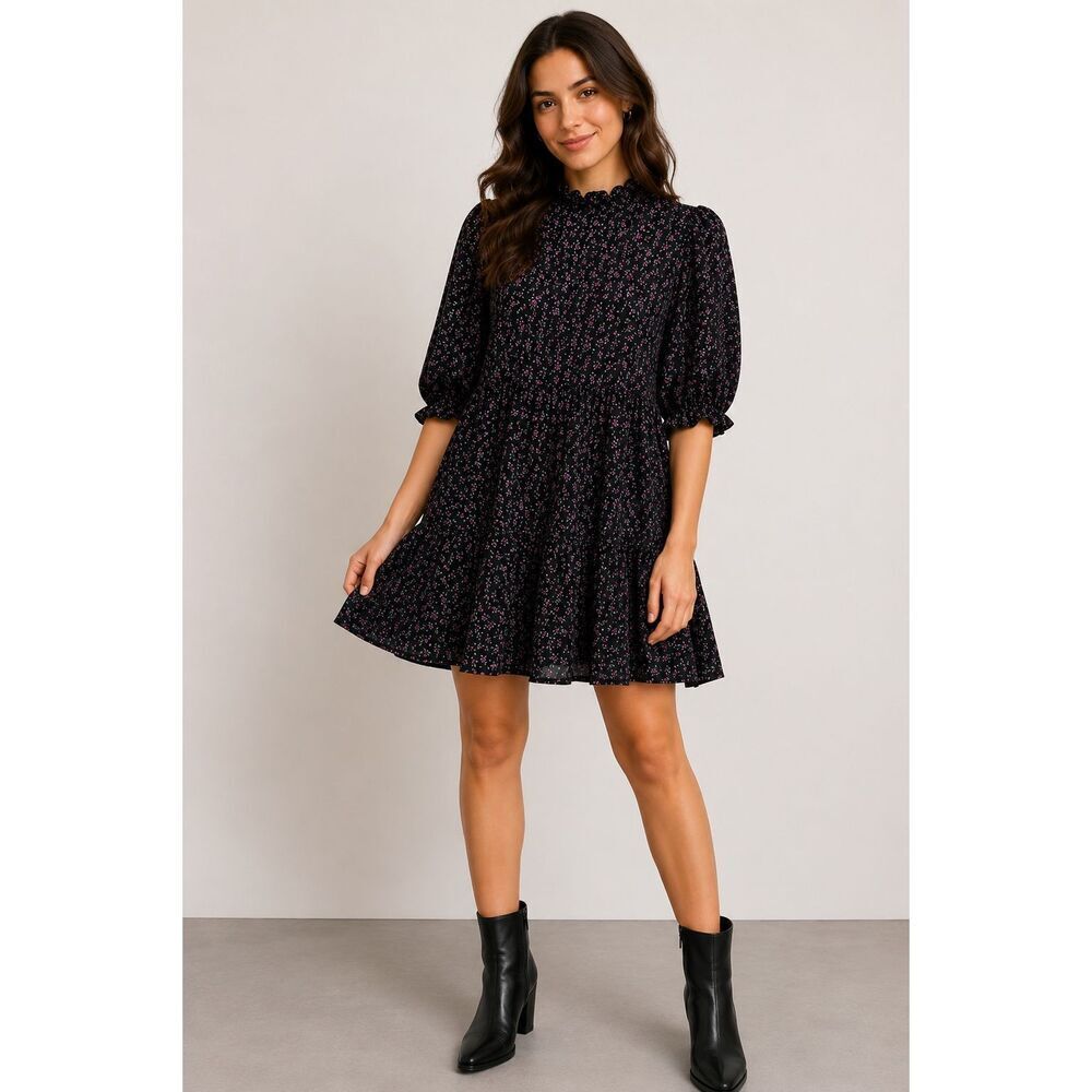 ZARA Black Floral Puff Sleeve Babydoll Mini Dress Women’s XS